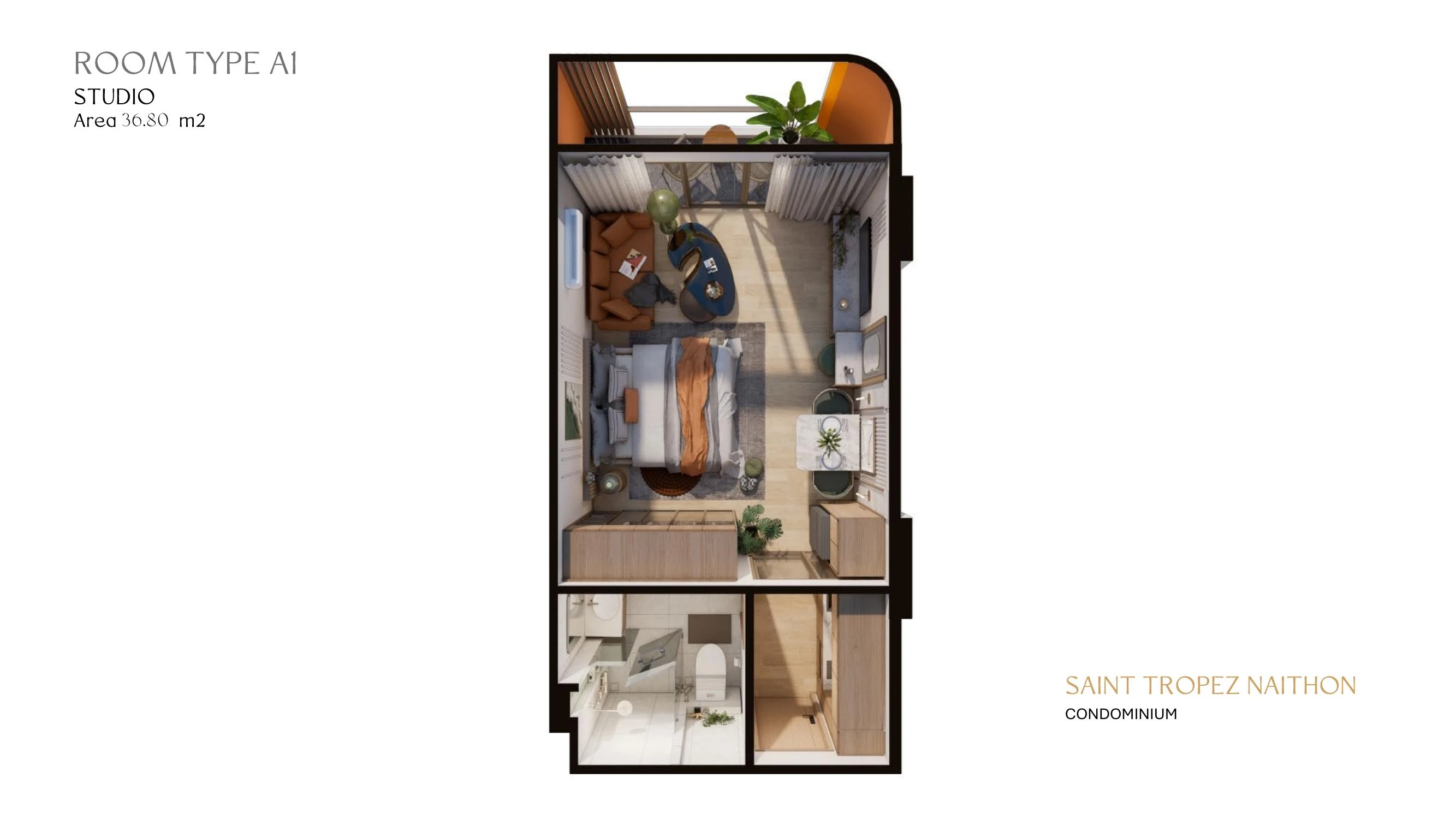 3D-планировка: студия тип A1, 36,80 м²