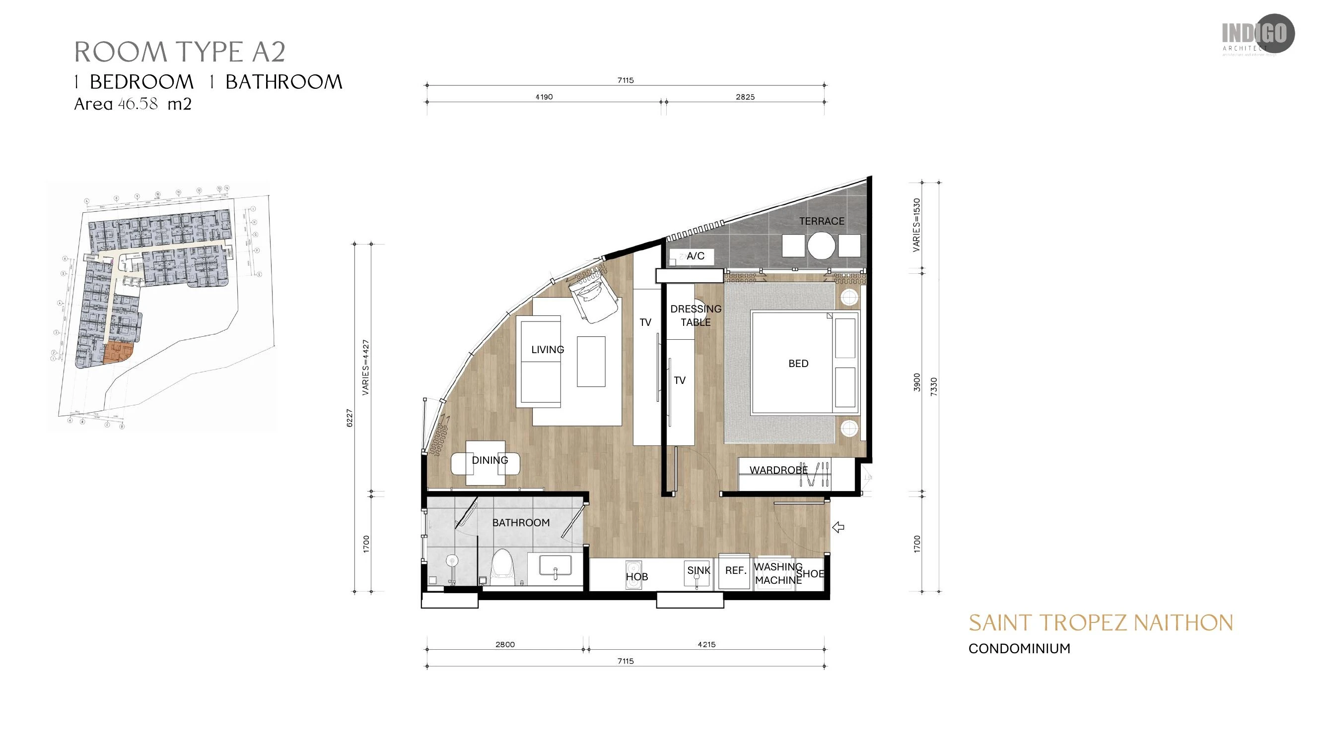 Планировка: 1BR тип A2, 46.58 м²