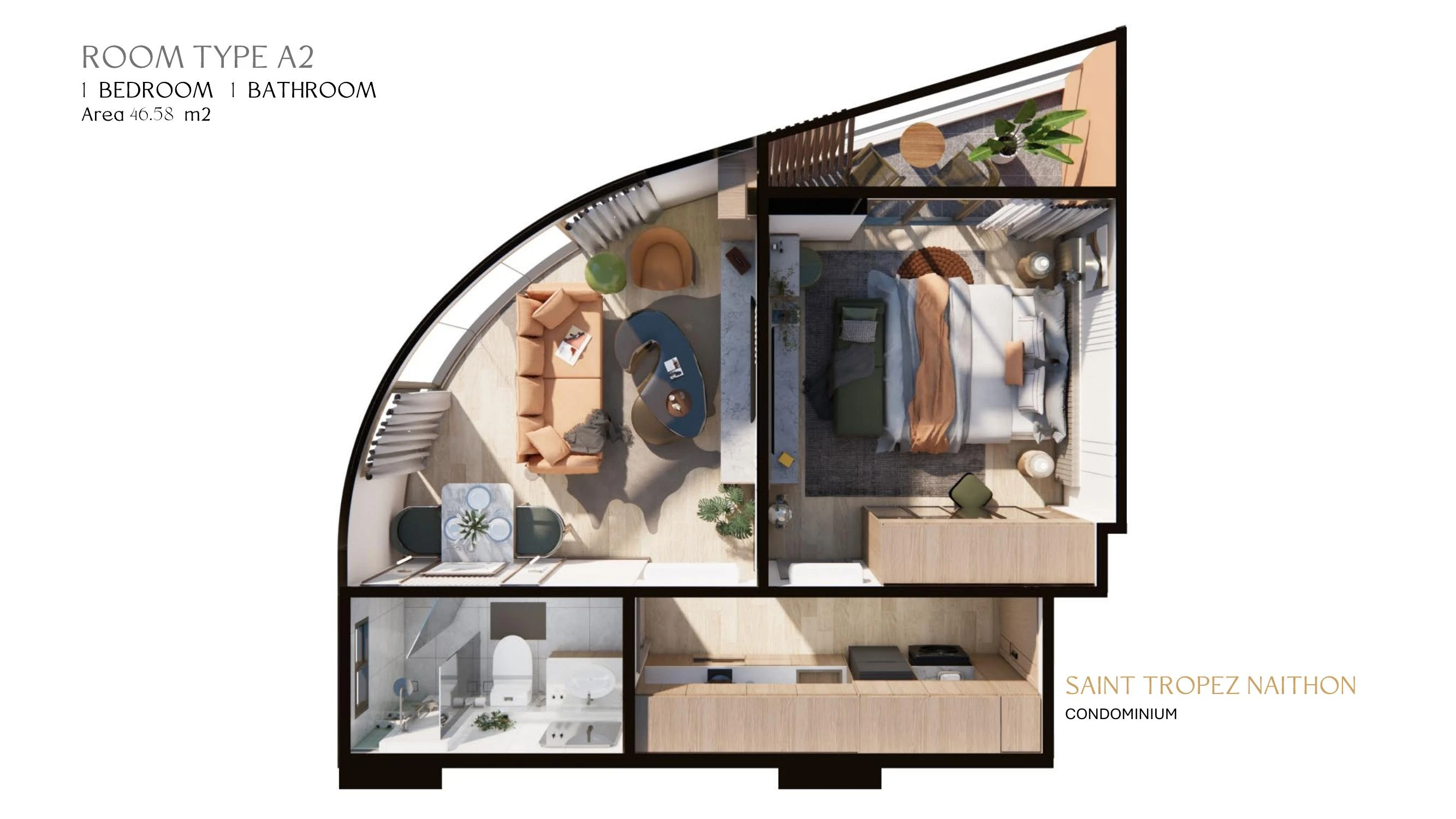 3D-планировка: 1BR тип A2, 46.58 м²