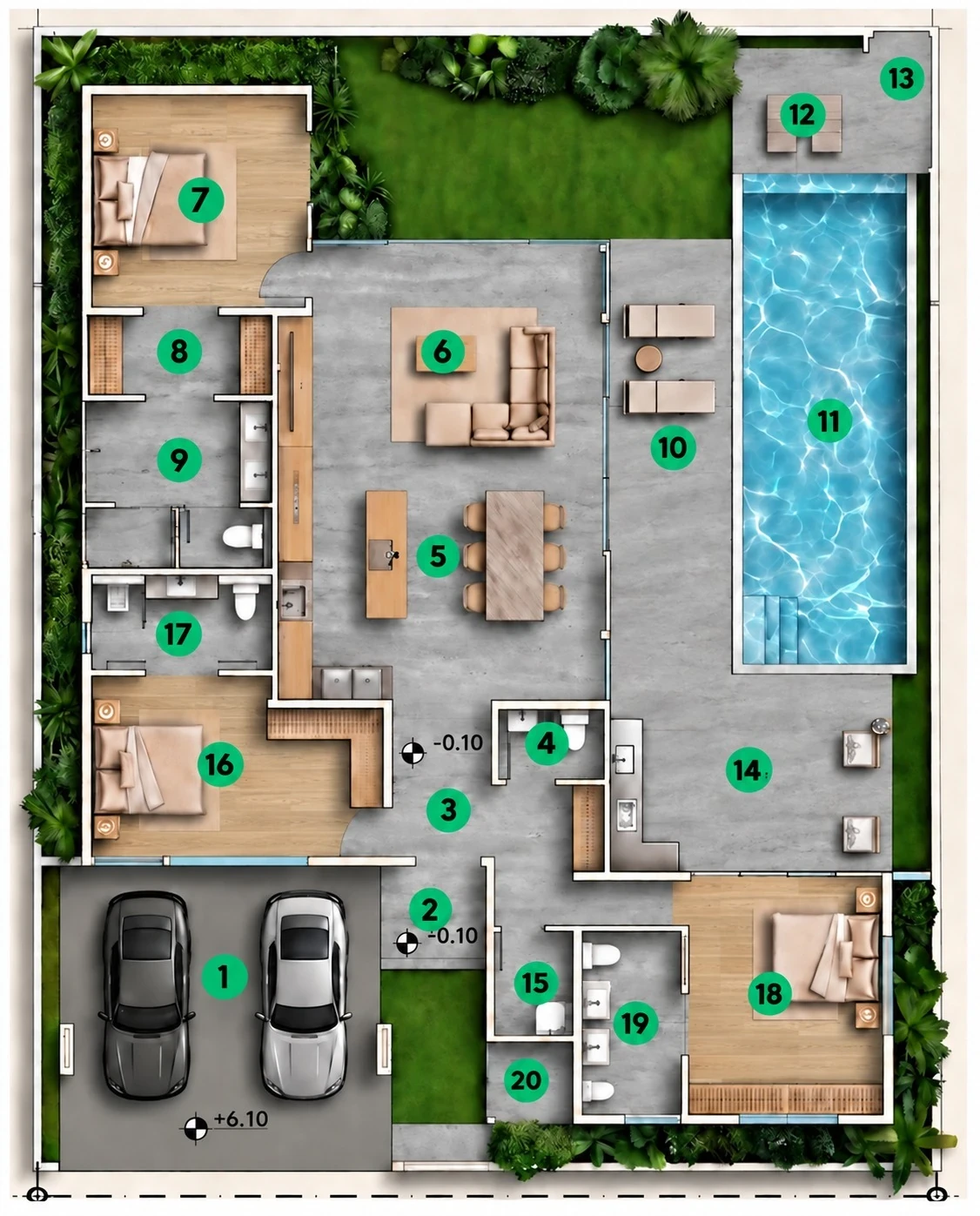 План 3BR (участки 2–3): 278,99 м² полезной, участок 388 м²