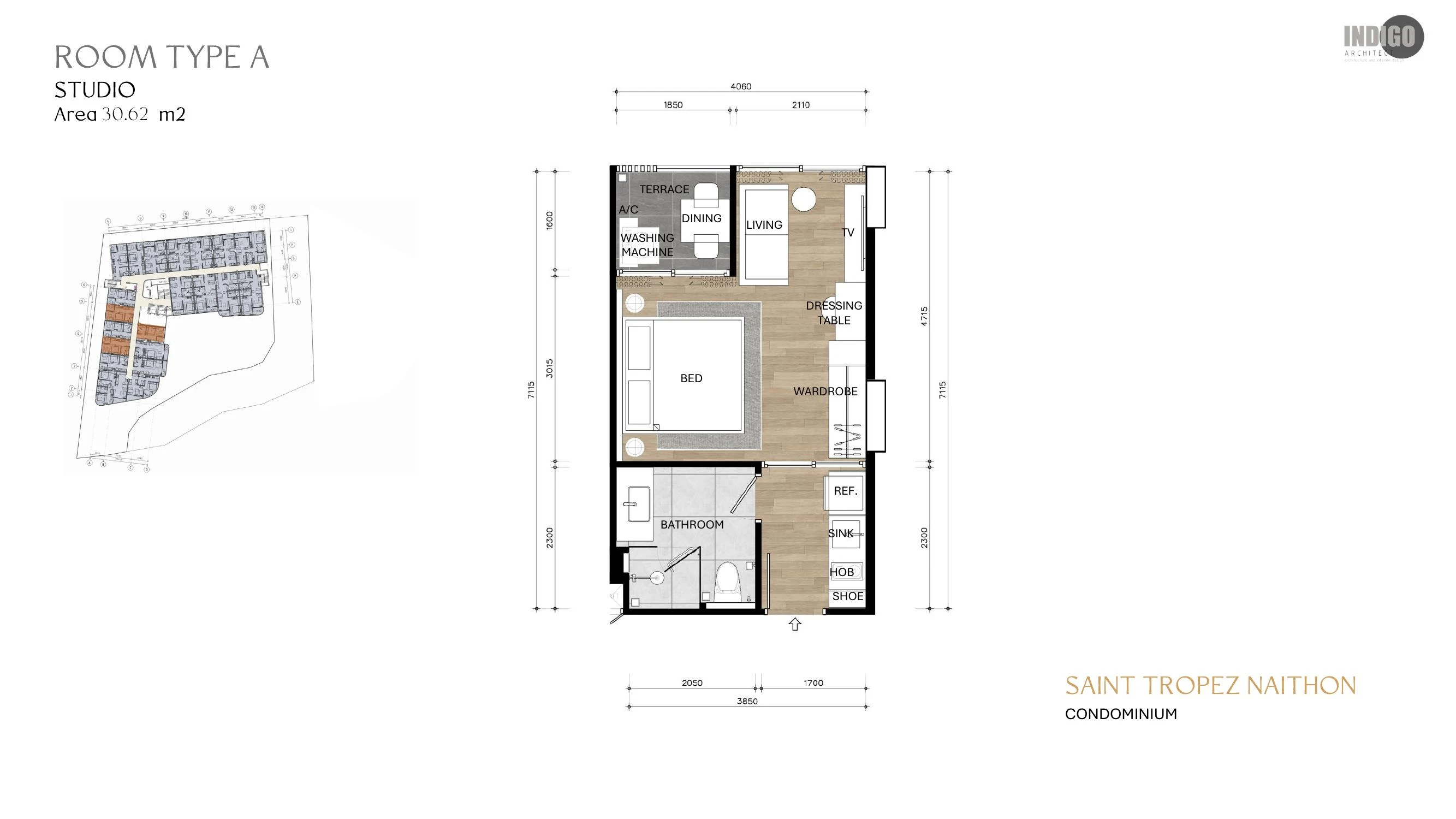 Планировка: студия тип A, 30.62 м²
