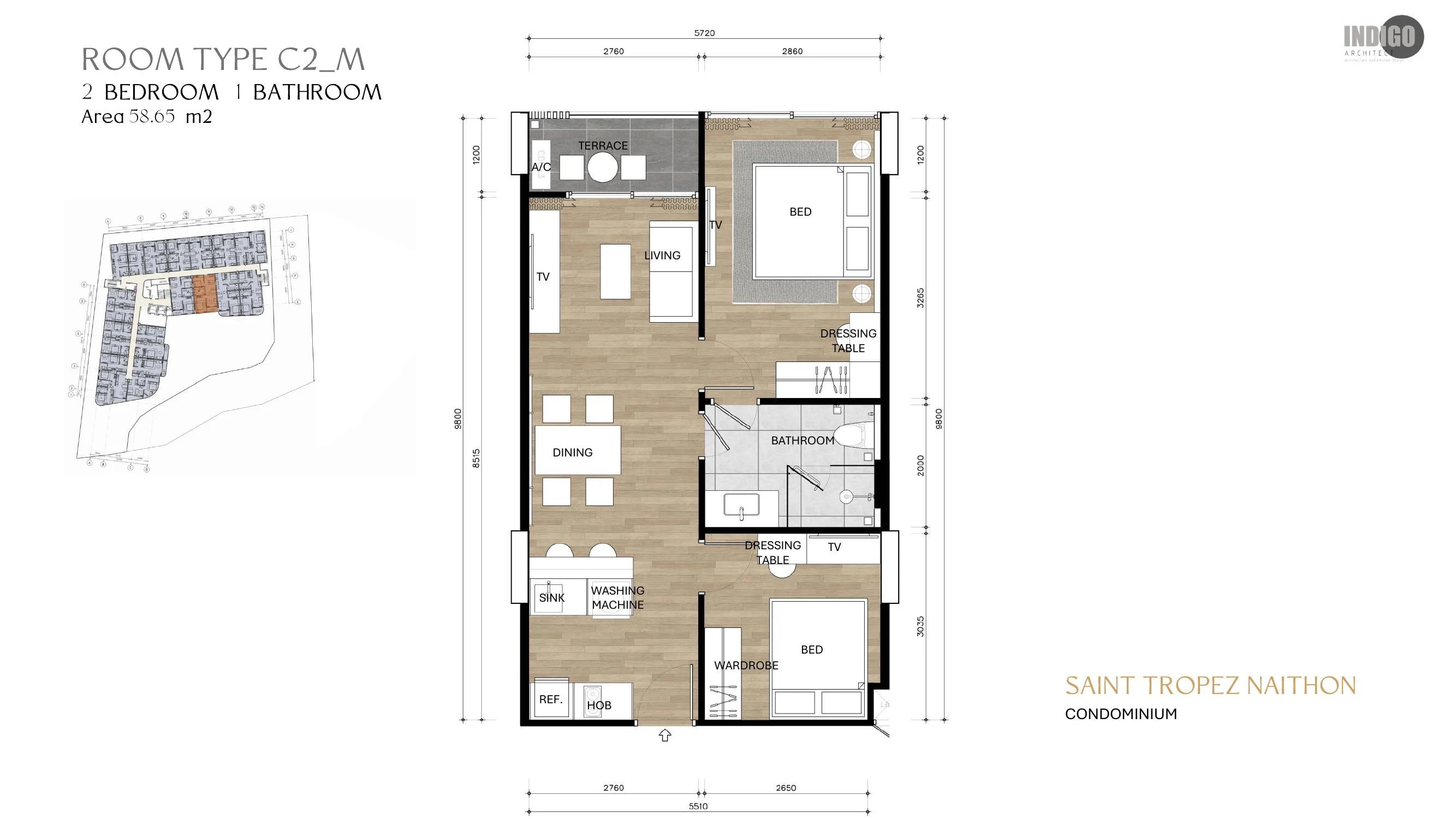 Планировка: 2BR тип C2_M, 58,65 м²